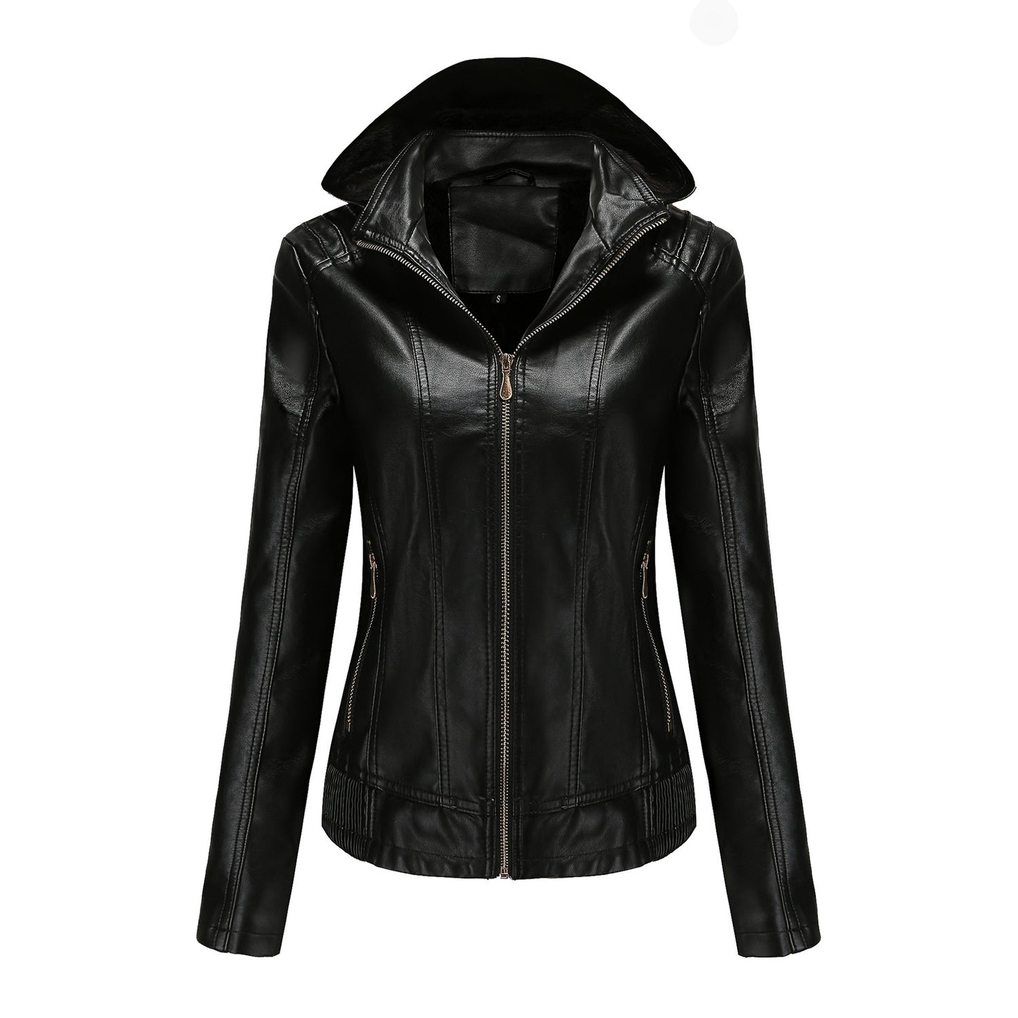 Women's Leather Detachable Hat Zipper Fleece-lined European Jackets