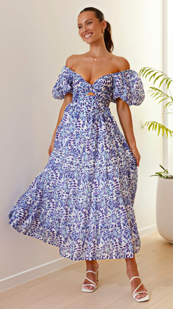 Women's Summer Vacation Casual Printed Puff Sleeve Dresses