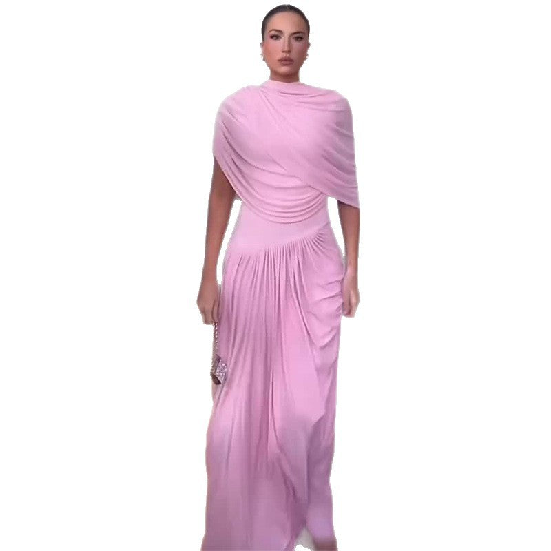 Women's Elegant Pink Stitching Ruffle Long Dress Dresses