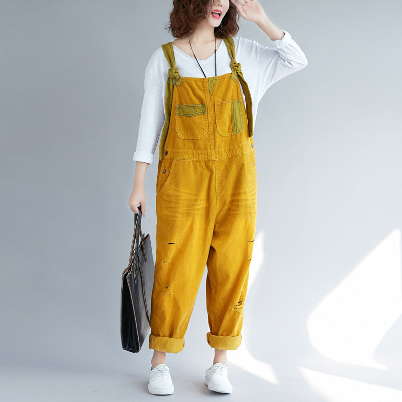 Make Old Ripped Corduroy Hanging Crotch Suspender Casual Pants
