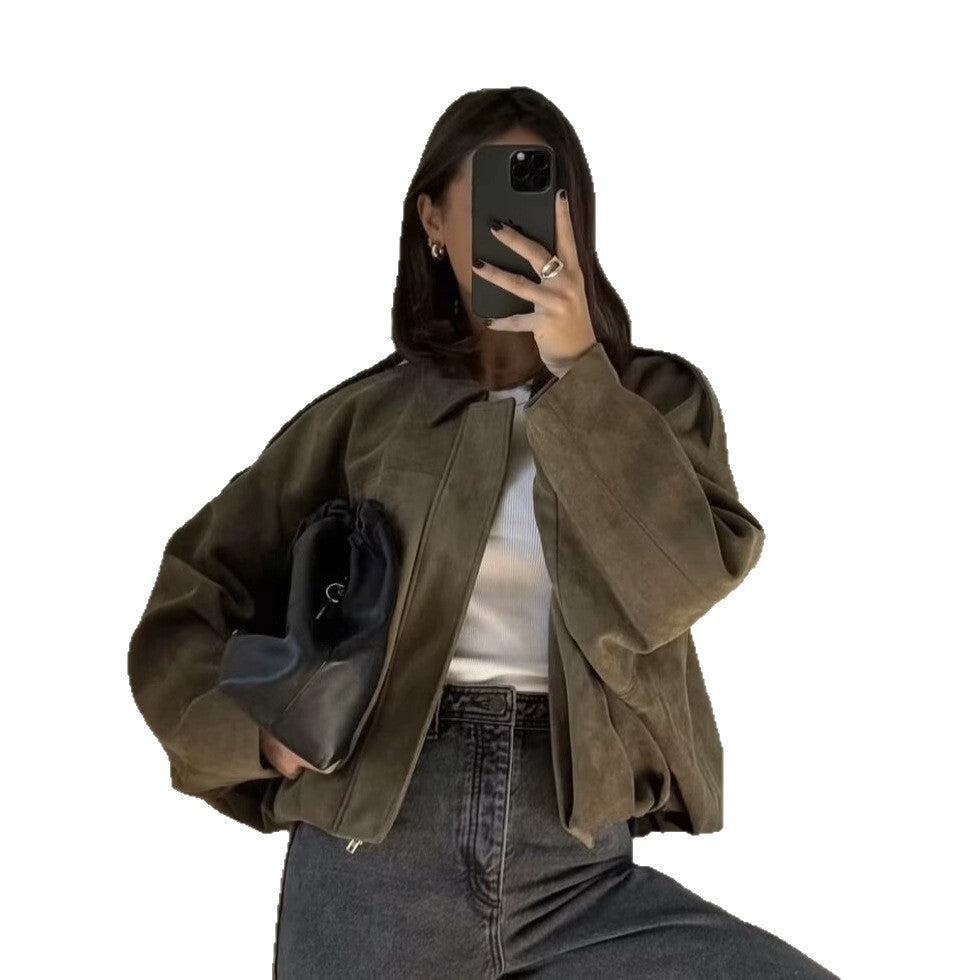 Women's Colors Leisure Suede Texture Lapel Bomber Jackets