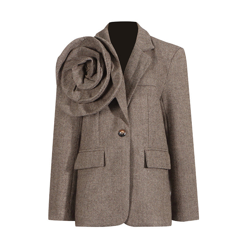 Women's Artistic Retro Three-dimensional Flower Loose Design One Button Blazers