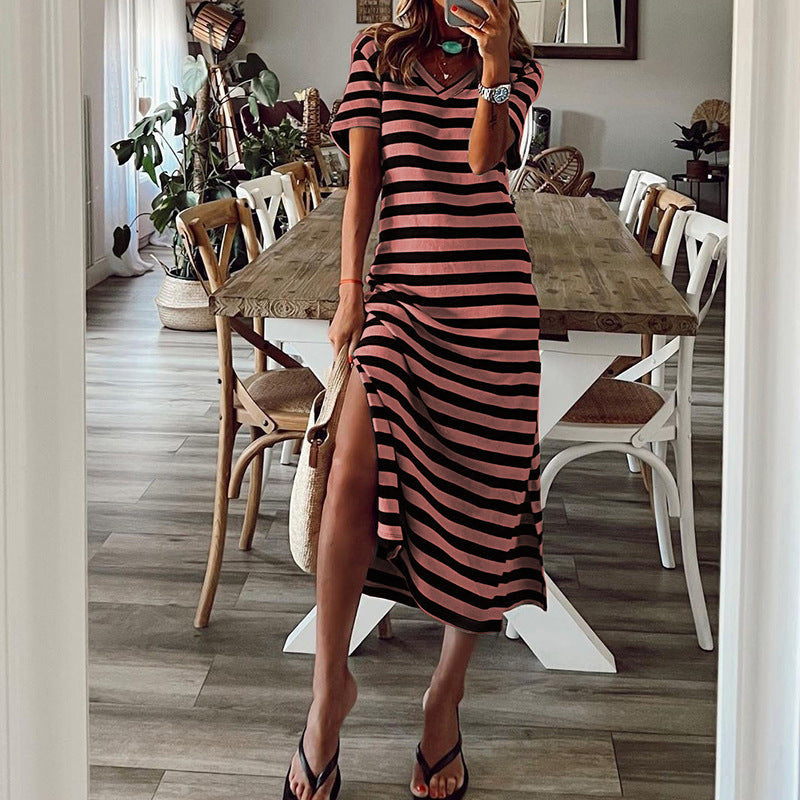 Women's Spring Striped Printed Dress Slit Loose Plus Size