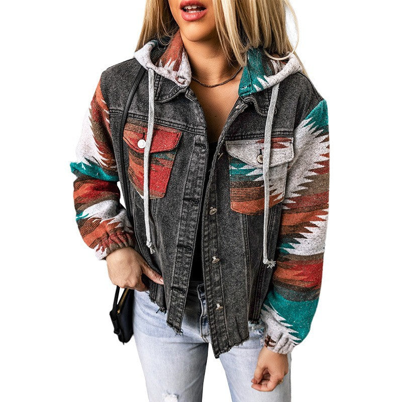 Women's Hooded Pocket Denim Stitching Contrast Color Jackets