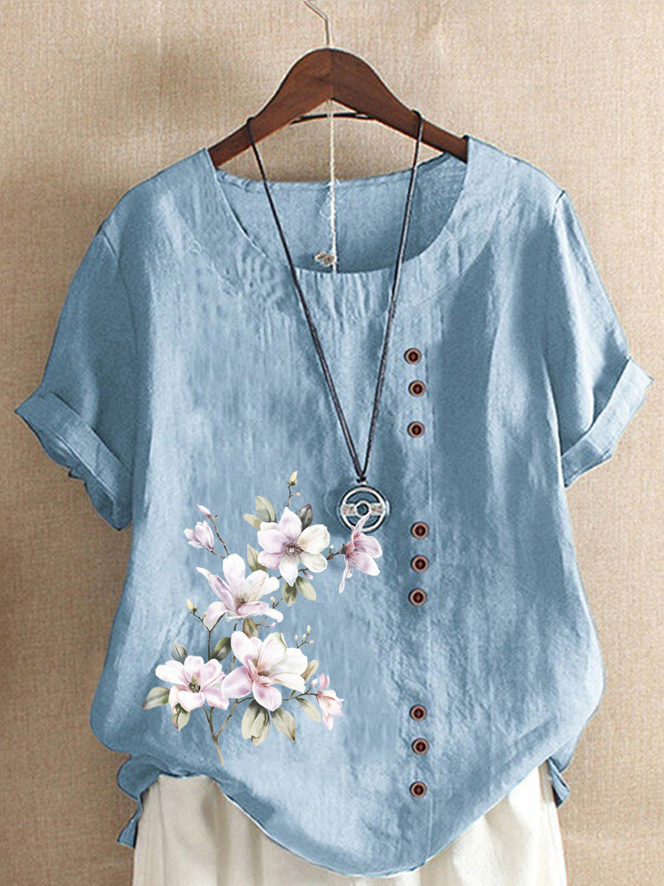 Women's Autumn Retro Cotton Linen Printed Loose Casual Shorts