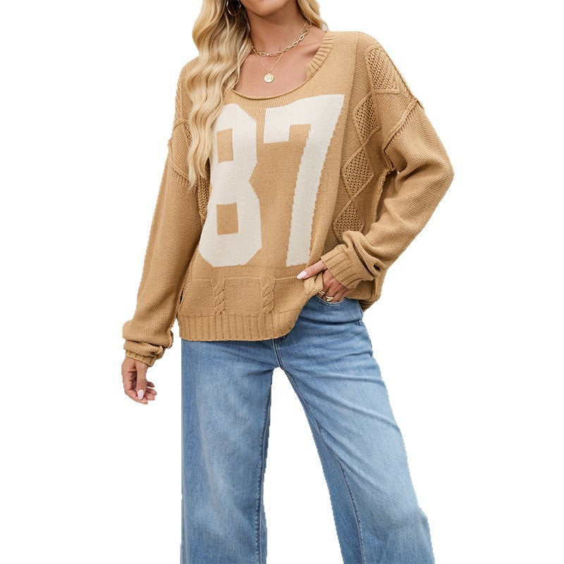 Women's Digital Contrast Color Knitted Pullover Loose-fitting Sweaters