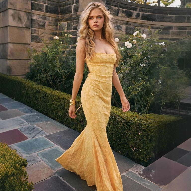 Slimming Lace Up Embossed Jacquard Fishtail Dresses