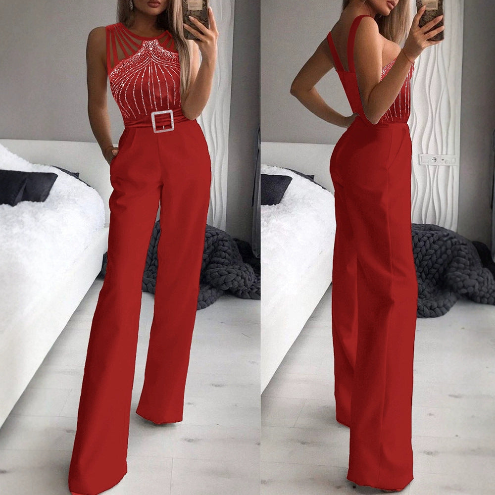 Black Rhinestone Sexy Sleeveless Fitted Waist Pants