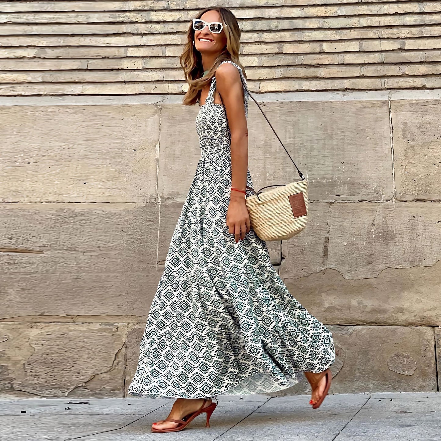 Women's Elegant Printed Elastic Suspender Vacation Style Dresses