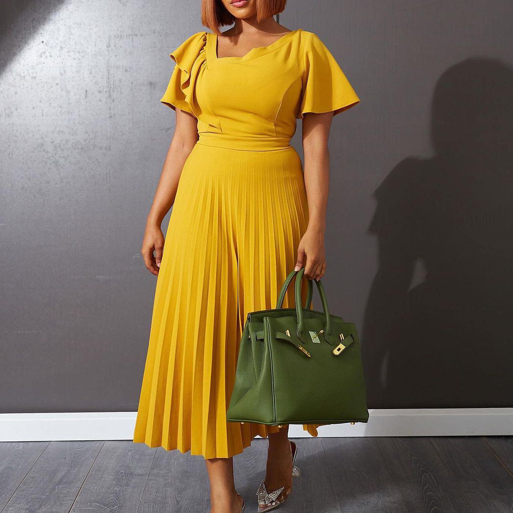 Women's Ruffled Sleeves Slant Shoulder Elegant Pleated Dress