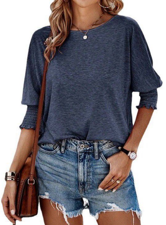 Women's Summer Stylish Loose Round Neck Cuff Smocking Blouses