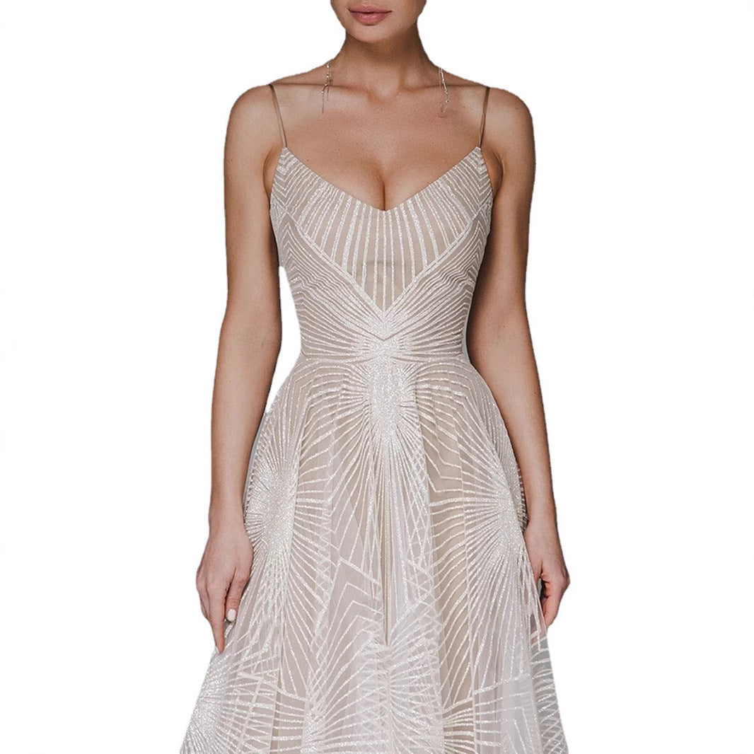 Women's Long Dress Sexy Strap Embroidered Sleeveless Wedding Dresses