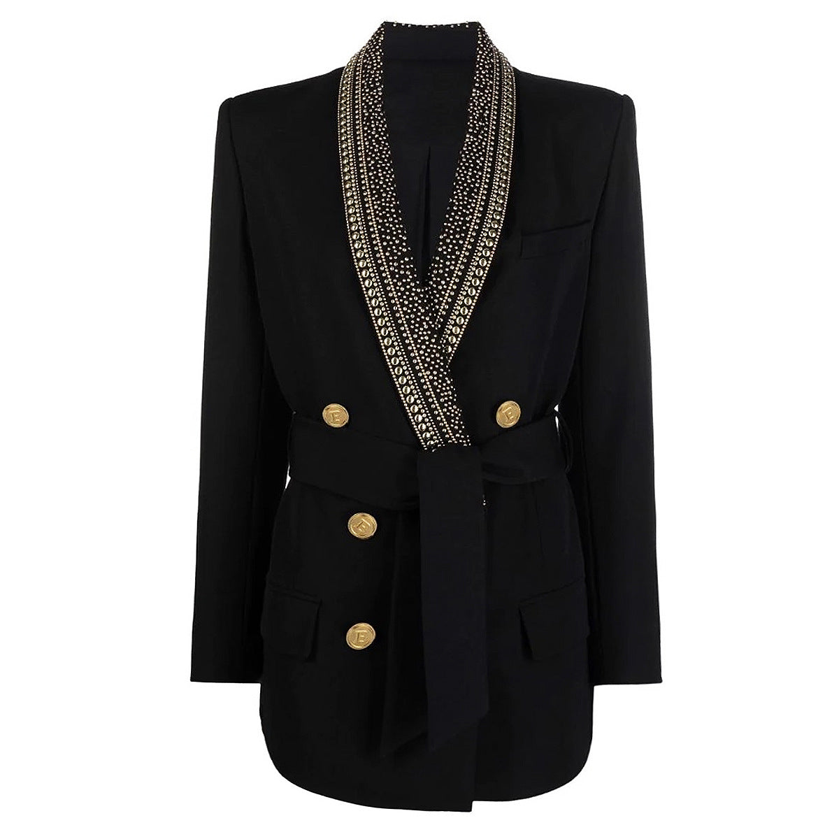 Women's Bronzing Sheet Belt Green Collar Mid-length Blazers
