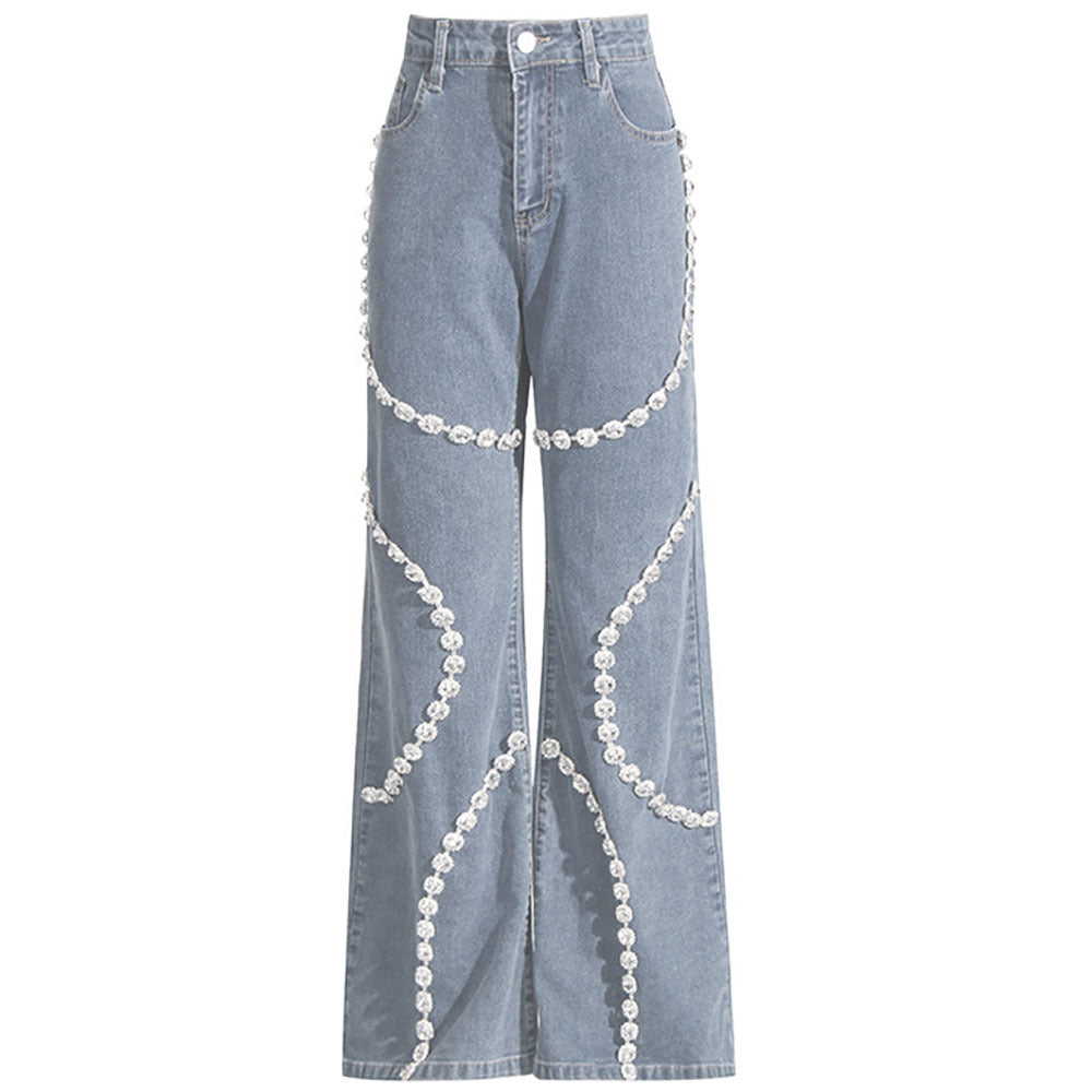Women's Casual Fashion Light Diamond Stitching Straight Jeans