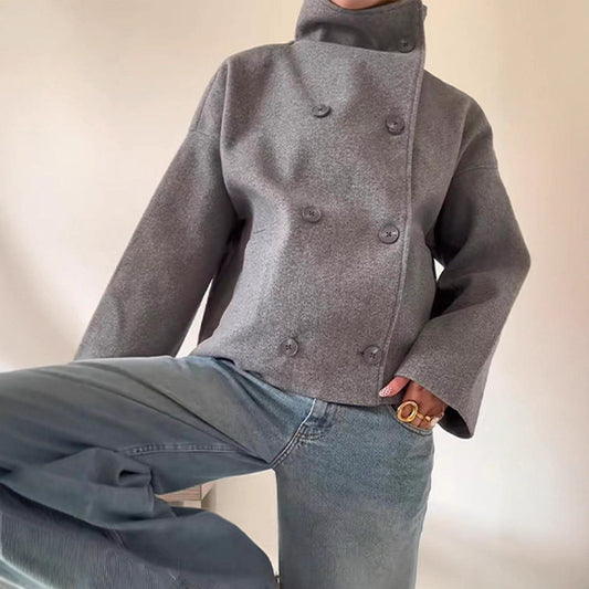 Women's Graceful Stand Collar Double Breasted Long Sleeve Solid Coats