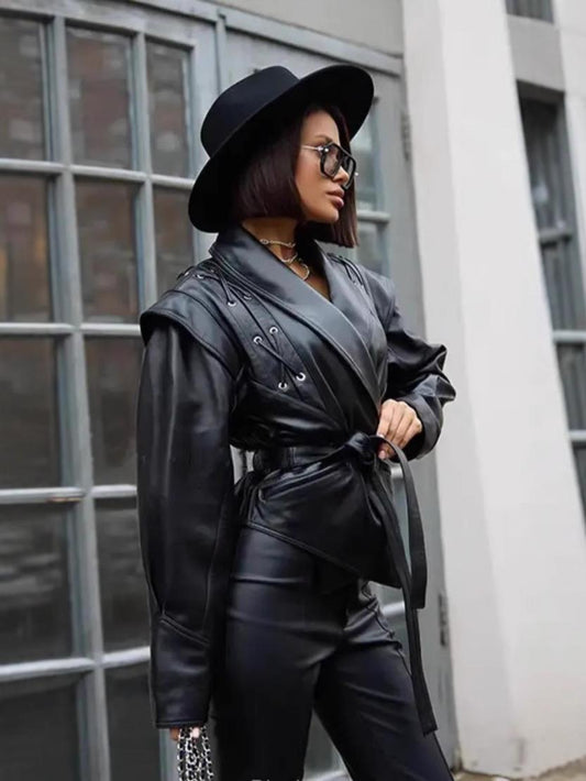 Women's Winter Retro Lace Up Leather Casual Jackets