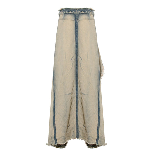 Washed Distressed Frayed Gradient Denim Split Skirts