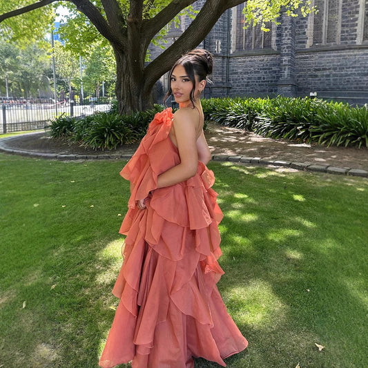 Women's Vacation Style Three-dimensional Flowers Halter Backless Ruffled Dresses