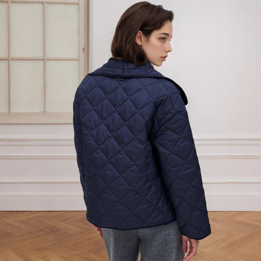 Women's Fashionable Large Lapel Sapphire Blue With Rhombus Quilted Coats