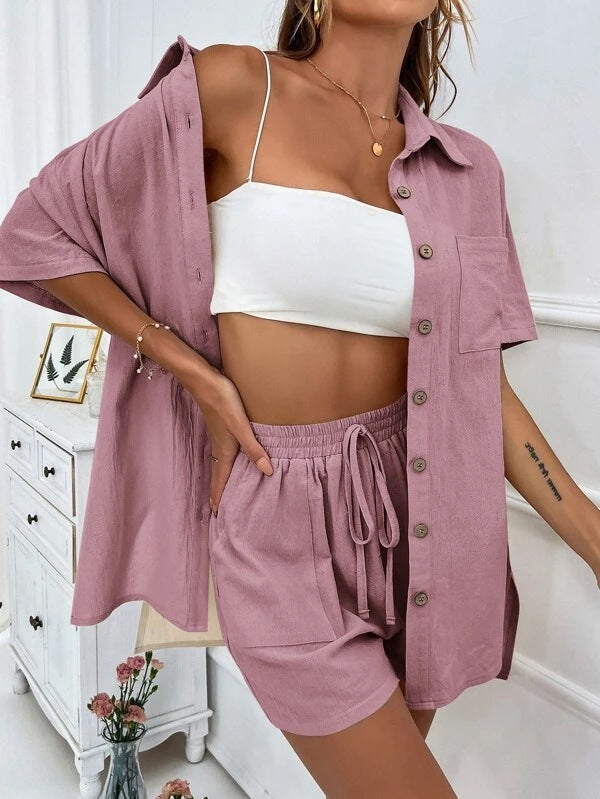 Women's Two-piece Solid Color Shirt Outfit Casual Loose Clothing