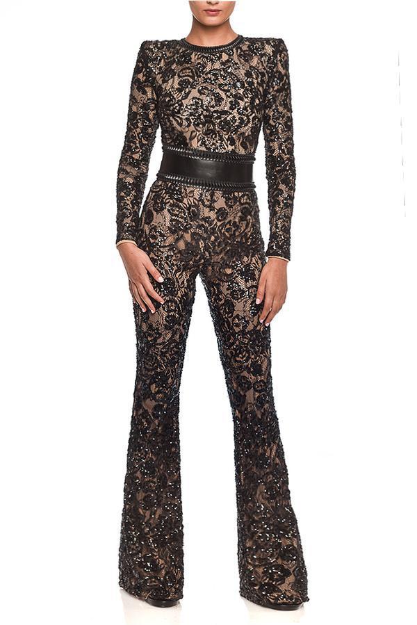 Synthetic Lace Temperament Slim Fit Bodysuit Pants