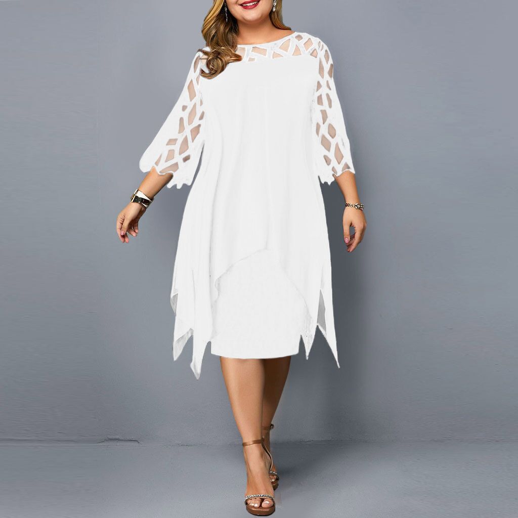 Lace Stitching Sleeve Irregular Hem Chiffon Dresses