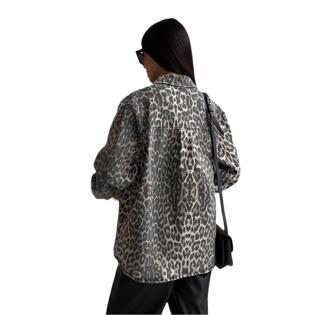 American Vintage Leopard Print Niche Lapel Denim Spring Jackets