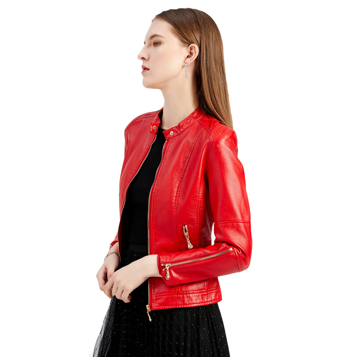 Women's Fashion Leather Stand Collar Thin Dark Jackets
