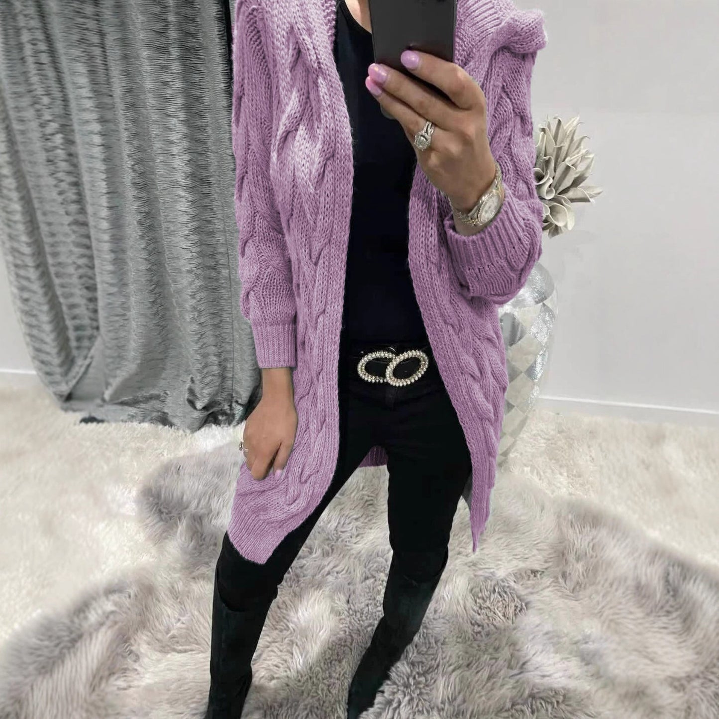 Women's Long Hooded Knit Twisted Sleeve Solid Knitwear