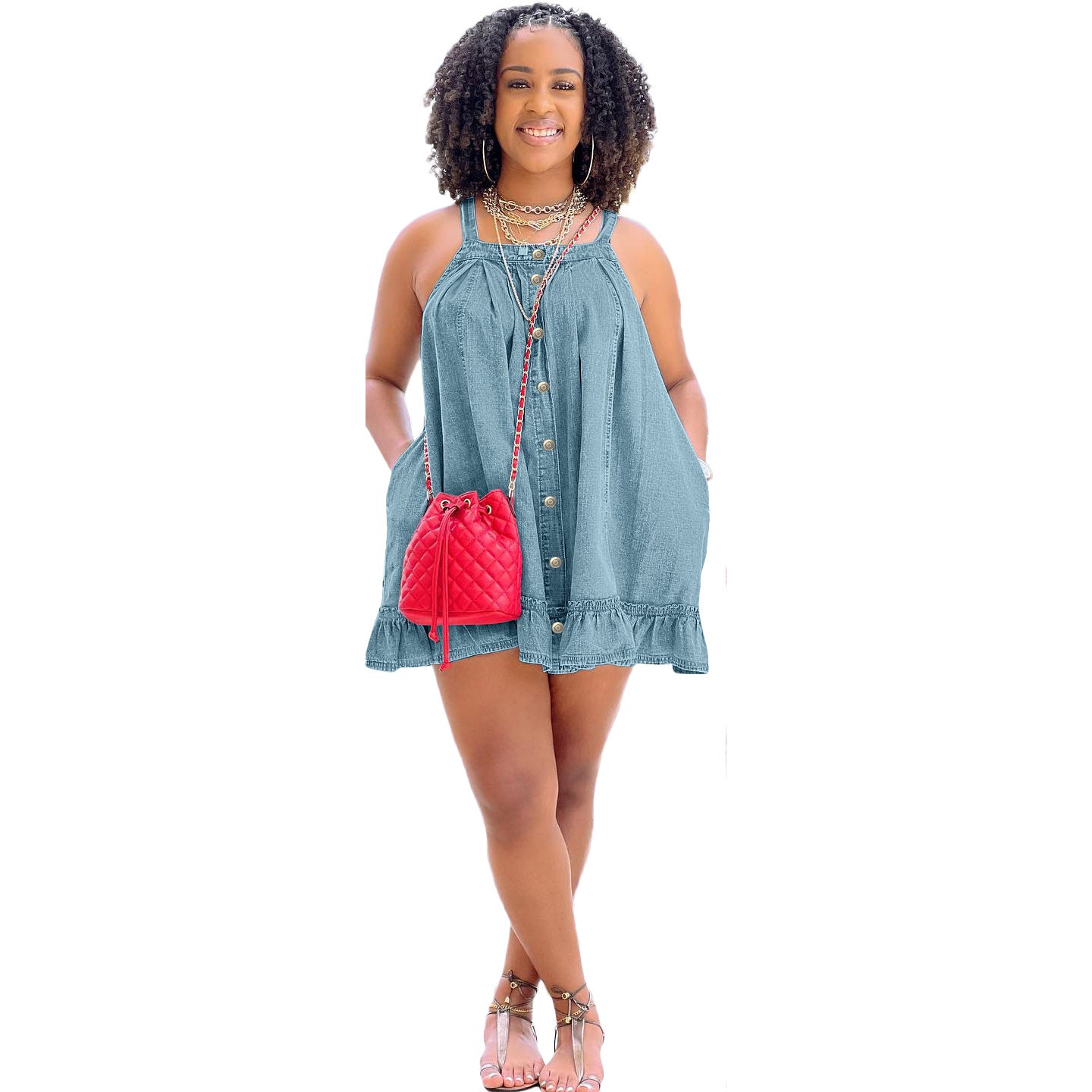 Women's Color Suspender Button Pocket Loose Washed-out Dresses