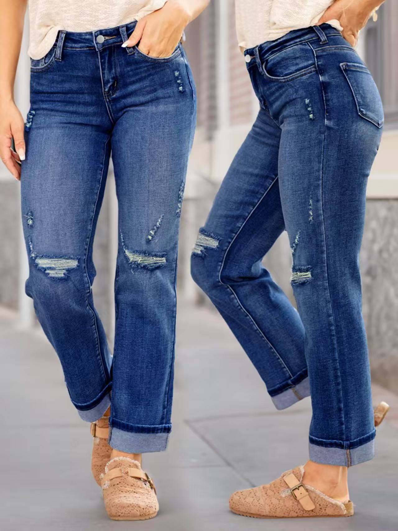 Women's Comfortable Ripped Elastic Straight Denim Trousers Jeans