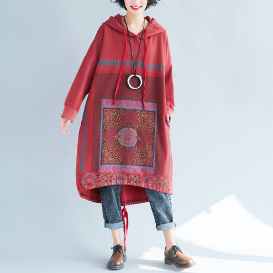 Women's Large Spring Hooded Loose Printed Long Dress Sweaters