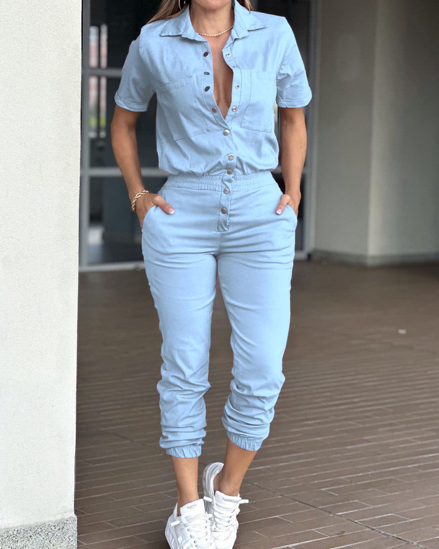 Women's Casual Fashion Lapel Pocket Waist Elastic Jumpsuits