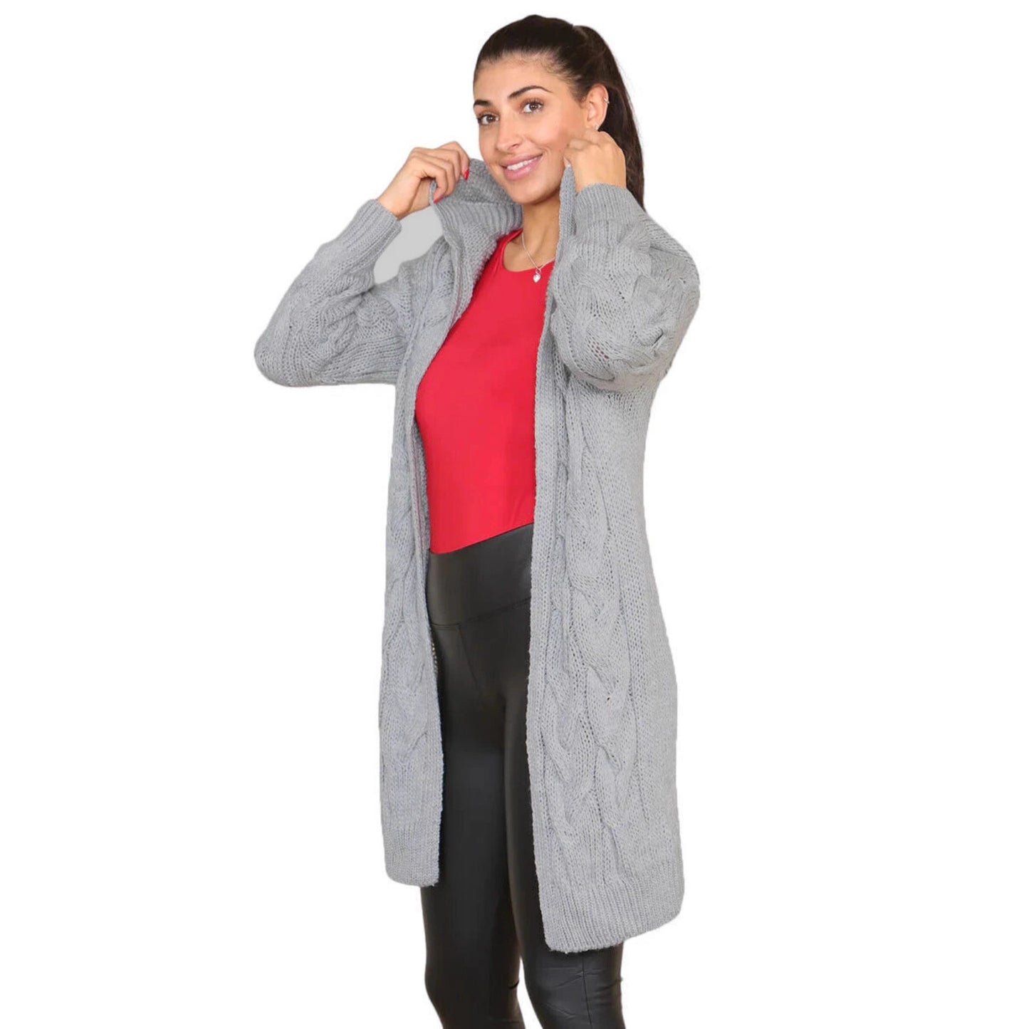 Women's Solid Color Hooded Twisted Knitted Mid-length Knitwear