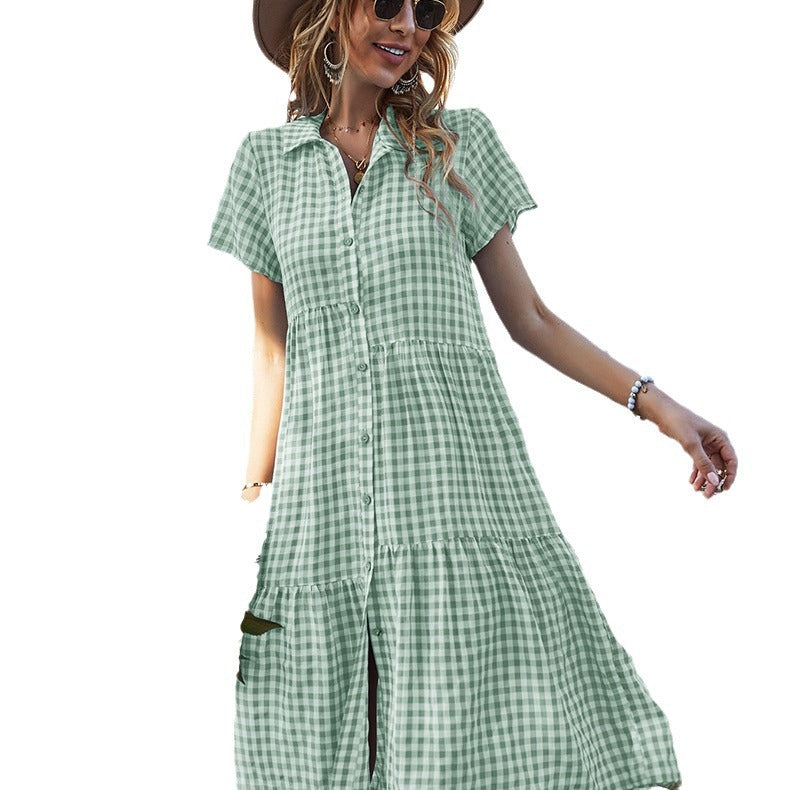 Women's Summer Plaid Dress Shirt Collar Casual Dresses