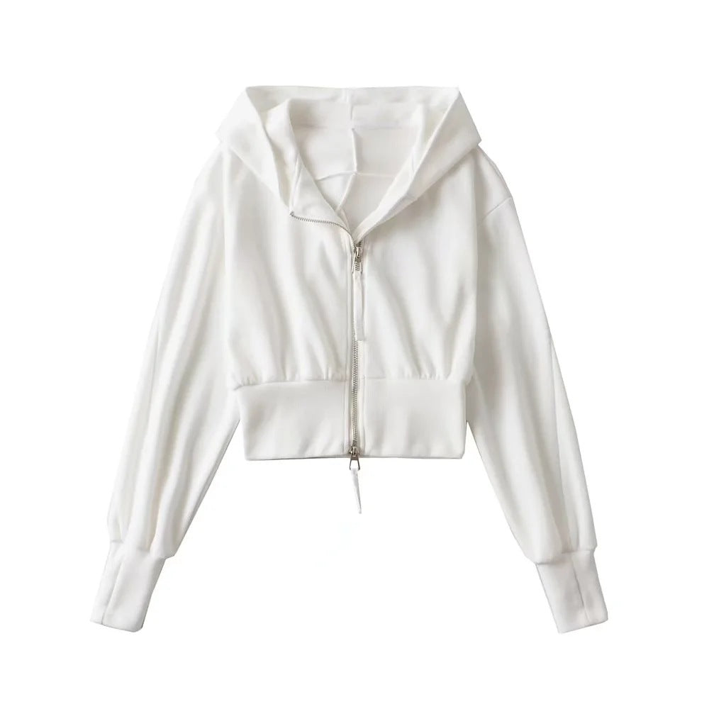 Women's Spring Double Zipper Stitching Hooded High Sweaters