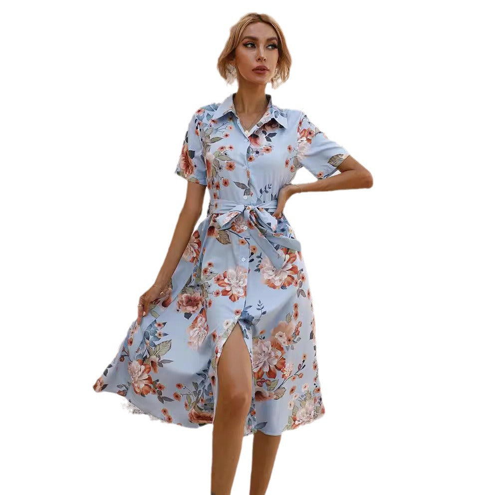 Women's European Goods Summer Waist Single-breasted Printed Dresses