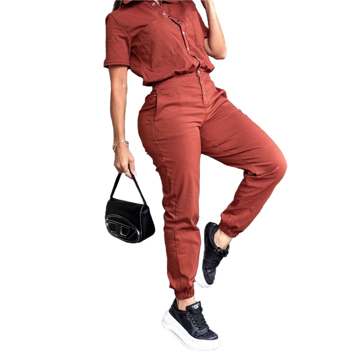 Women's Casual Fashion Lapel Pocket Waist Elastic Jumpsuits