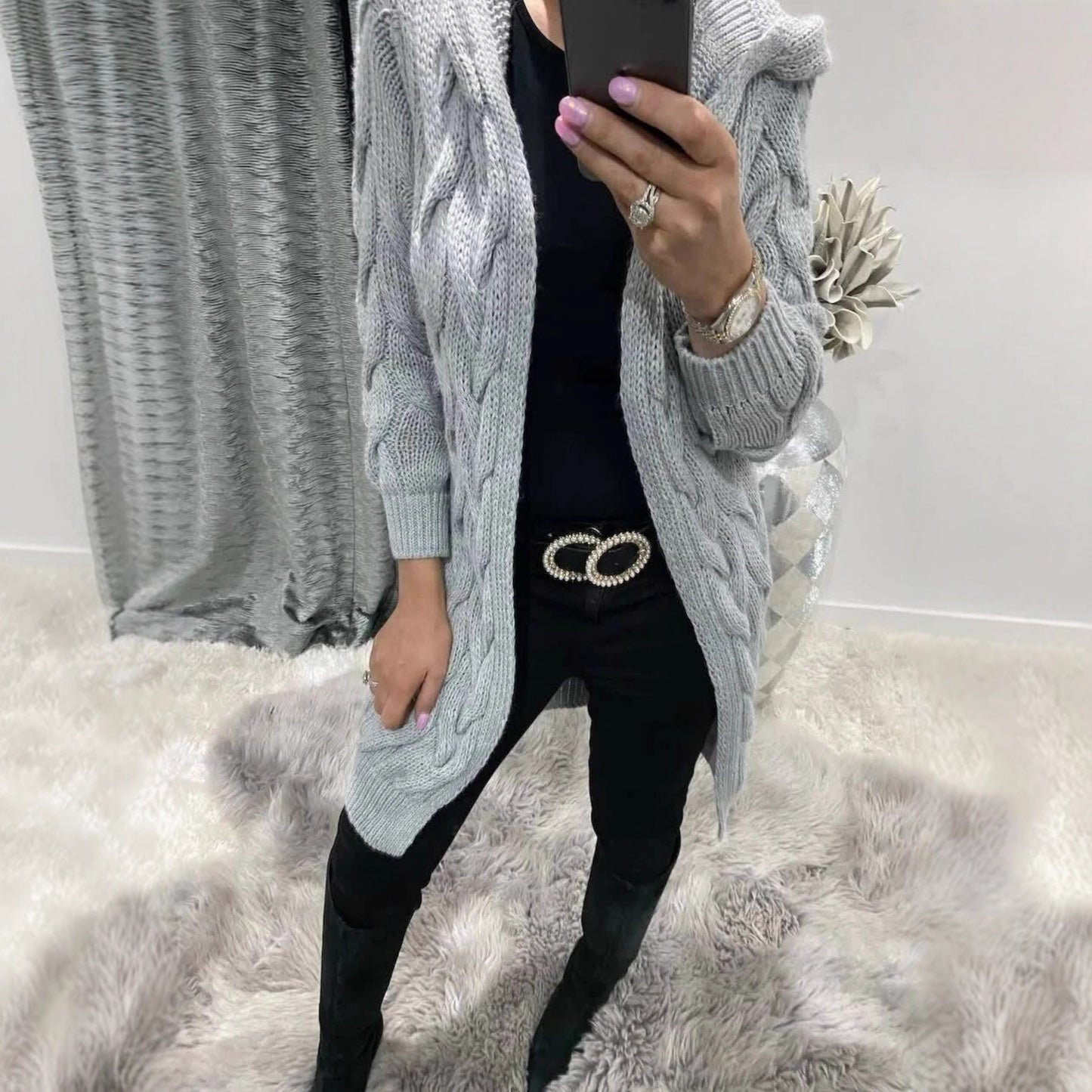 Women's Knitted Hooded Solid Color Mid-length Knitwear