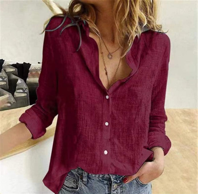 Solid Color Casual Loose Long-sleeved Linen Blouses