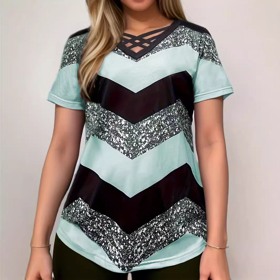 Women's Cross Striped Elegant Casual Short-sleeved T-shirt Blouses