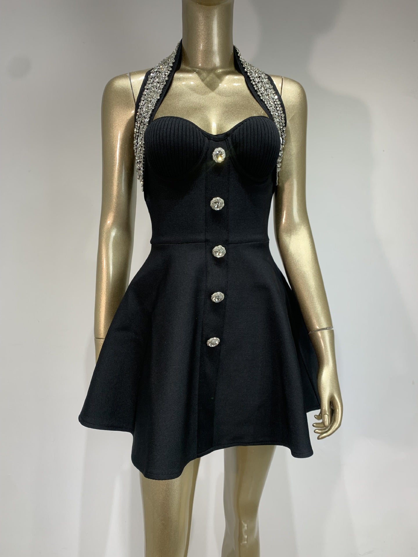 Summer Halter Bandage Dress Rhinestone Single-breasted A- Line Dresses