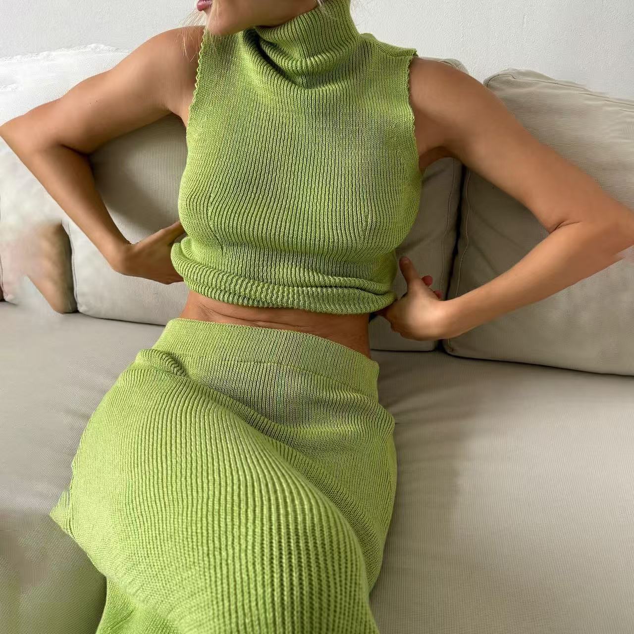 Knitted Turtleneck Green French Style Two-piece Skirts
