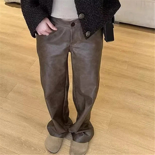 Women's Autumn Retro Hipster Leather Korean Protein Casual Loose Pants