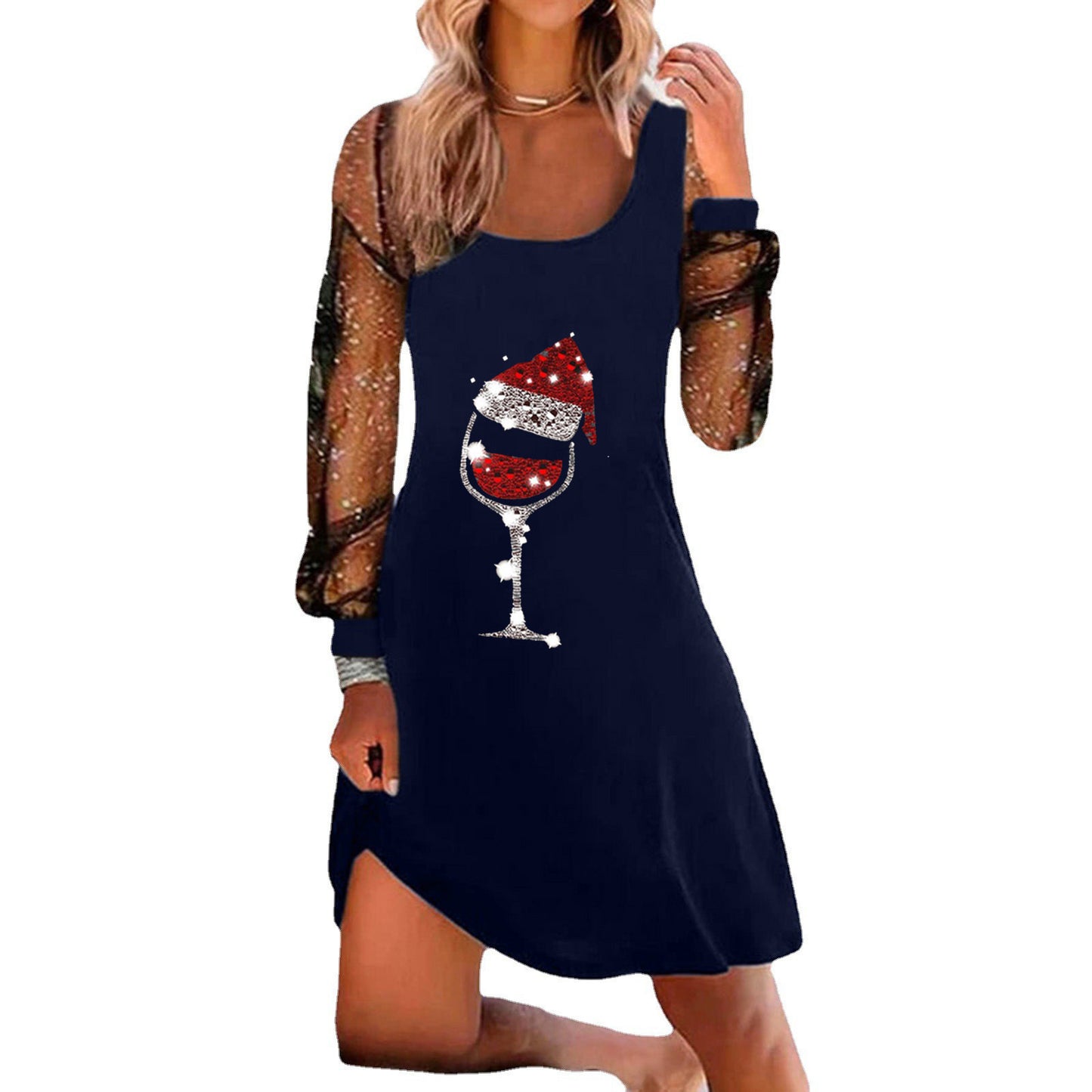 Women's Autumn Christmas Wine Glass Printed Pullover Long Clothing