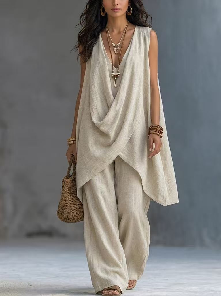 Women's Sleeveless Cross Loose Wide Leg Two-piece Fashion Casual Suit