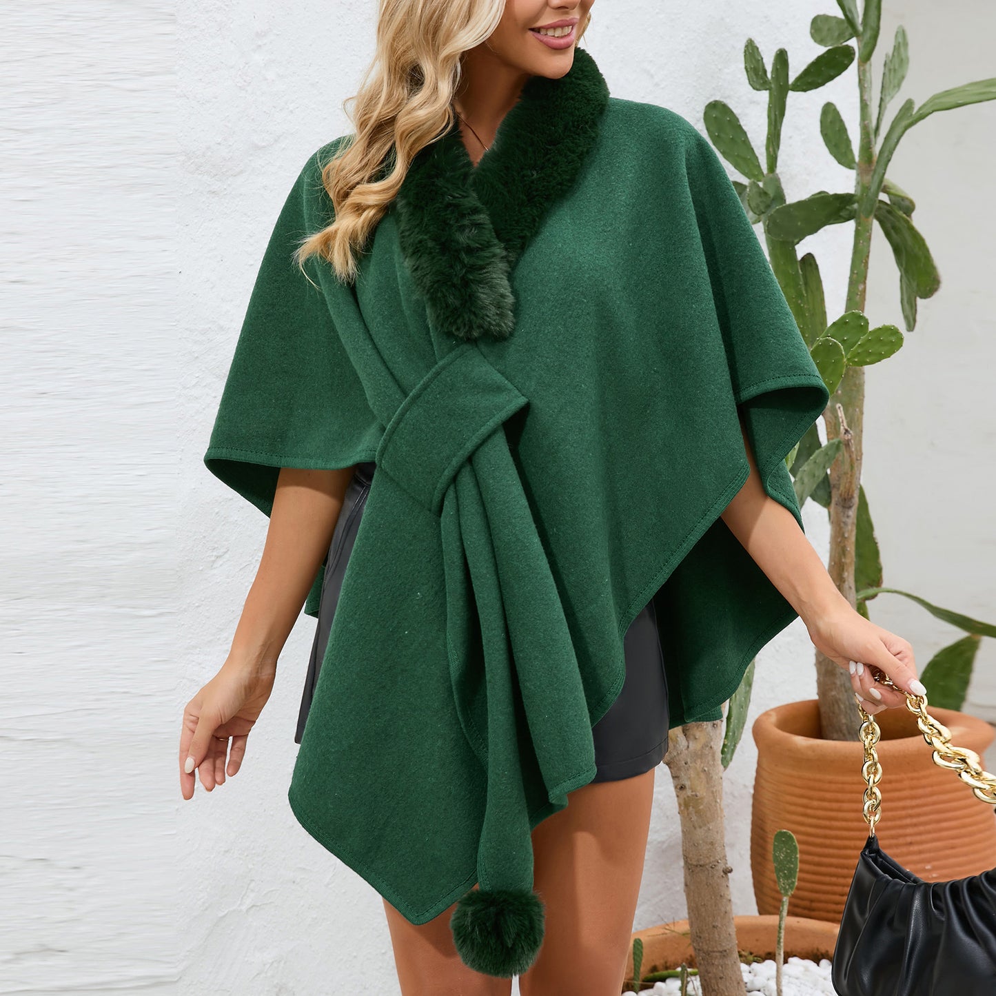 Women's Fur Collar Cape Shawl Female Loose Knitted Coats