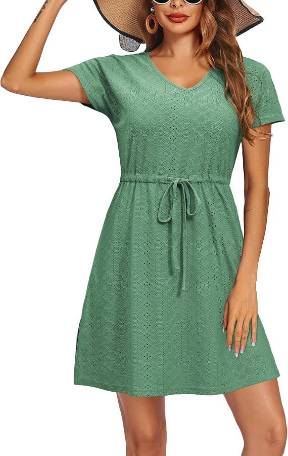 Women's Summer Cinched Short-sleeved Beach Dress Dresses