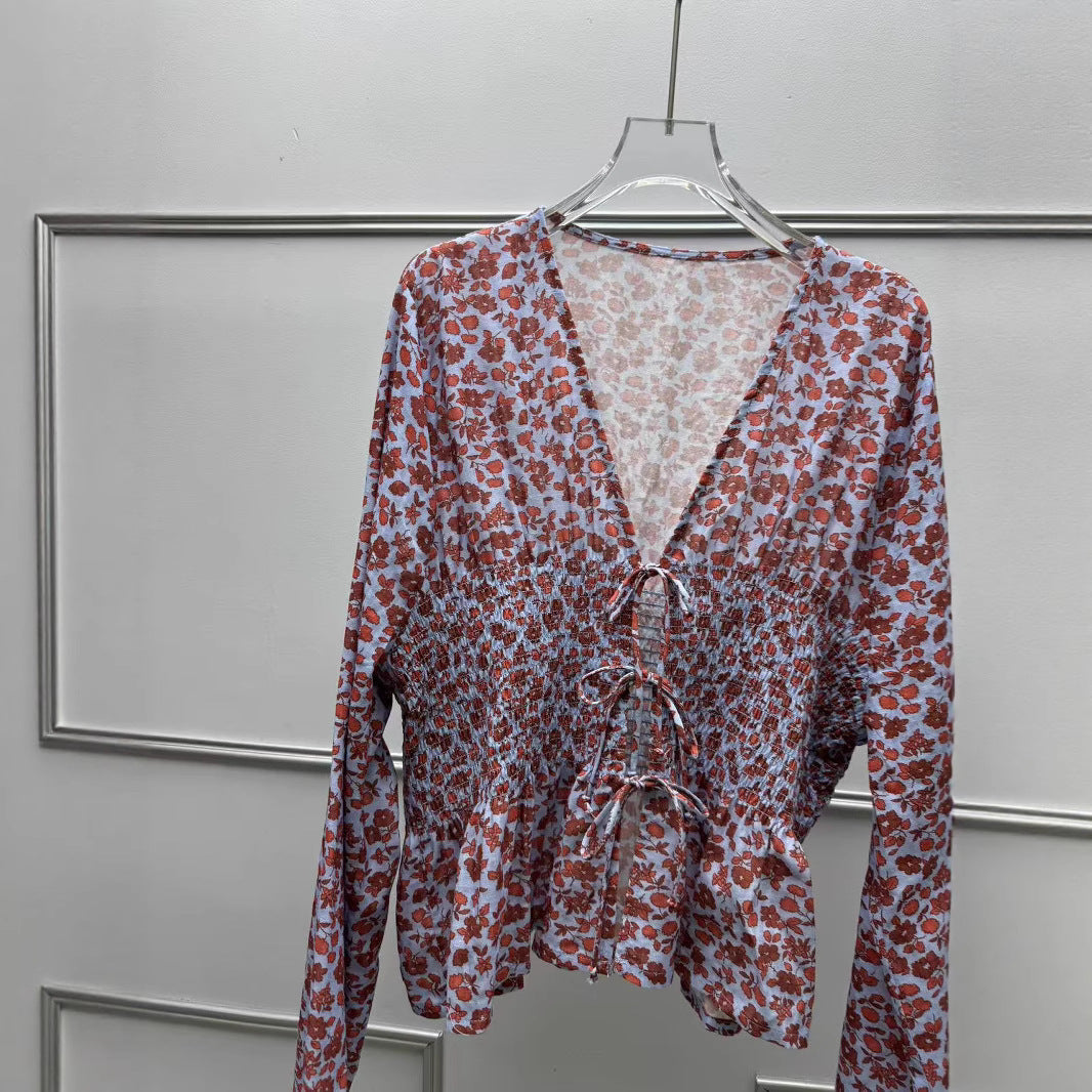 Women's French Style Shirt Summer Pastoral Floral Bow Waist Long Blouses
