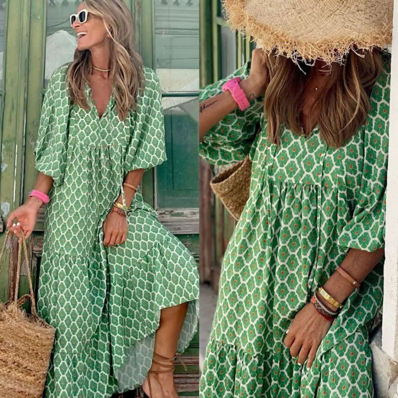 Women's Autumn Geometric Collage Puff Sleeve Dress Street Clothing